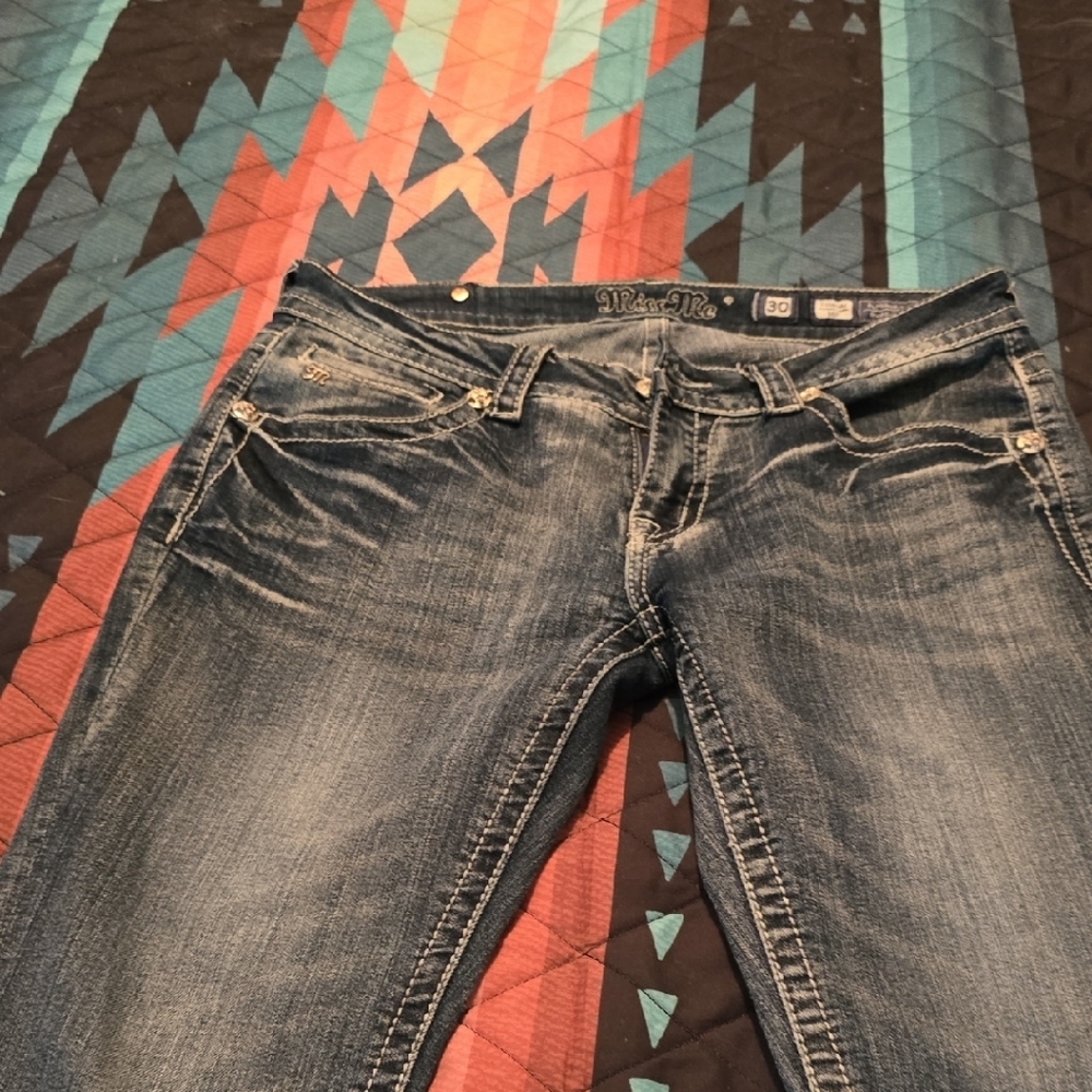 Miss Me Blue Straight Leg Jeans with Vintage Distressed Look